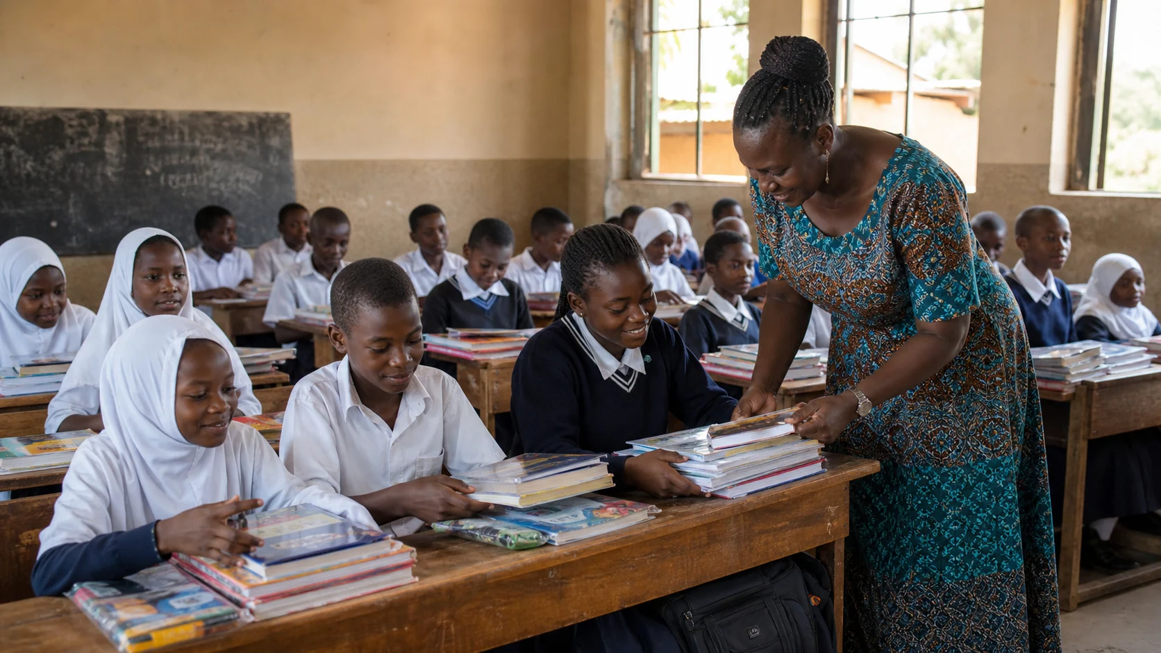 Ugandan students receiving books and learning supplies in their classroom