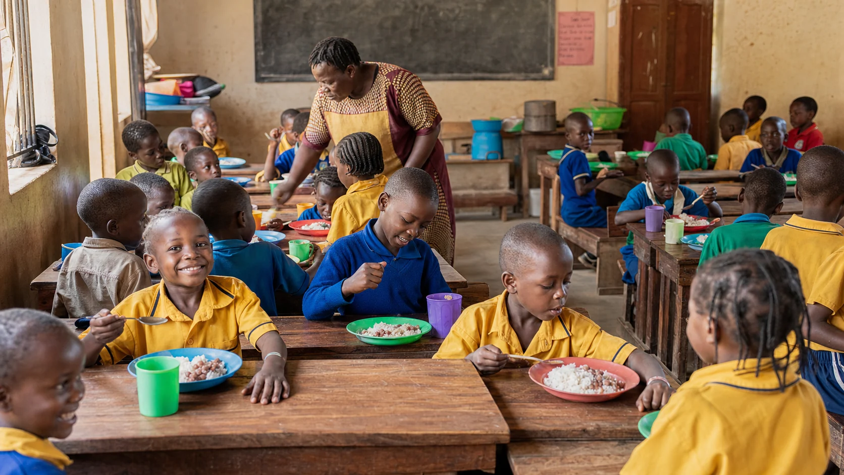Ugandan children sharing a nutritious school lunch