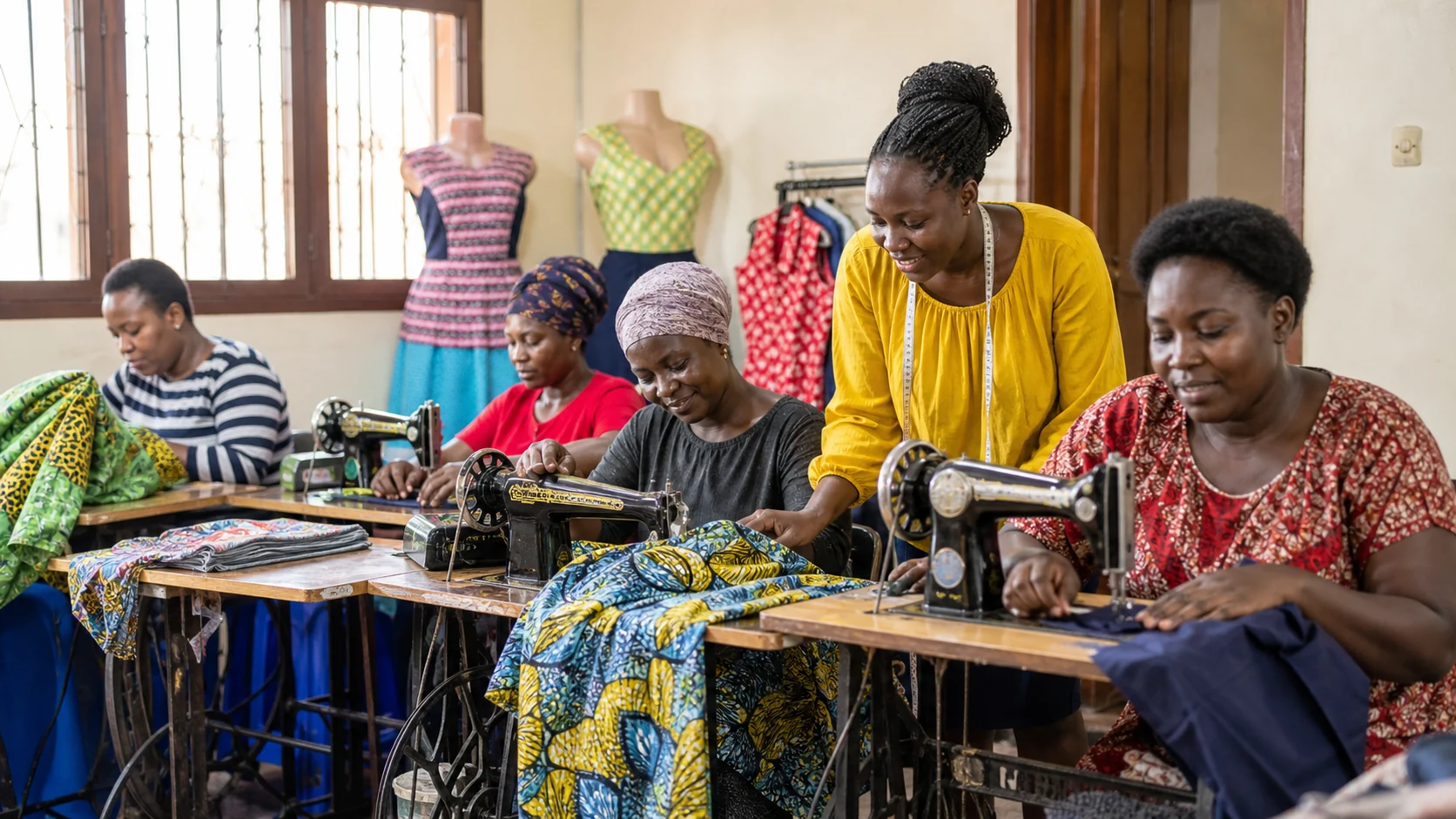 Ugandan mothers learning garment construction in a community sewing class