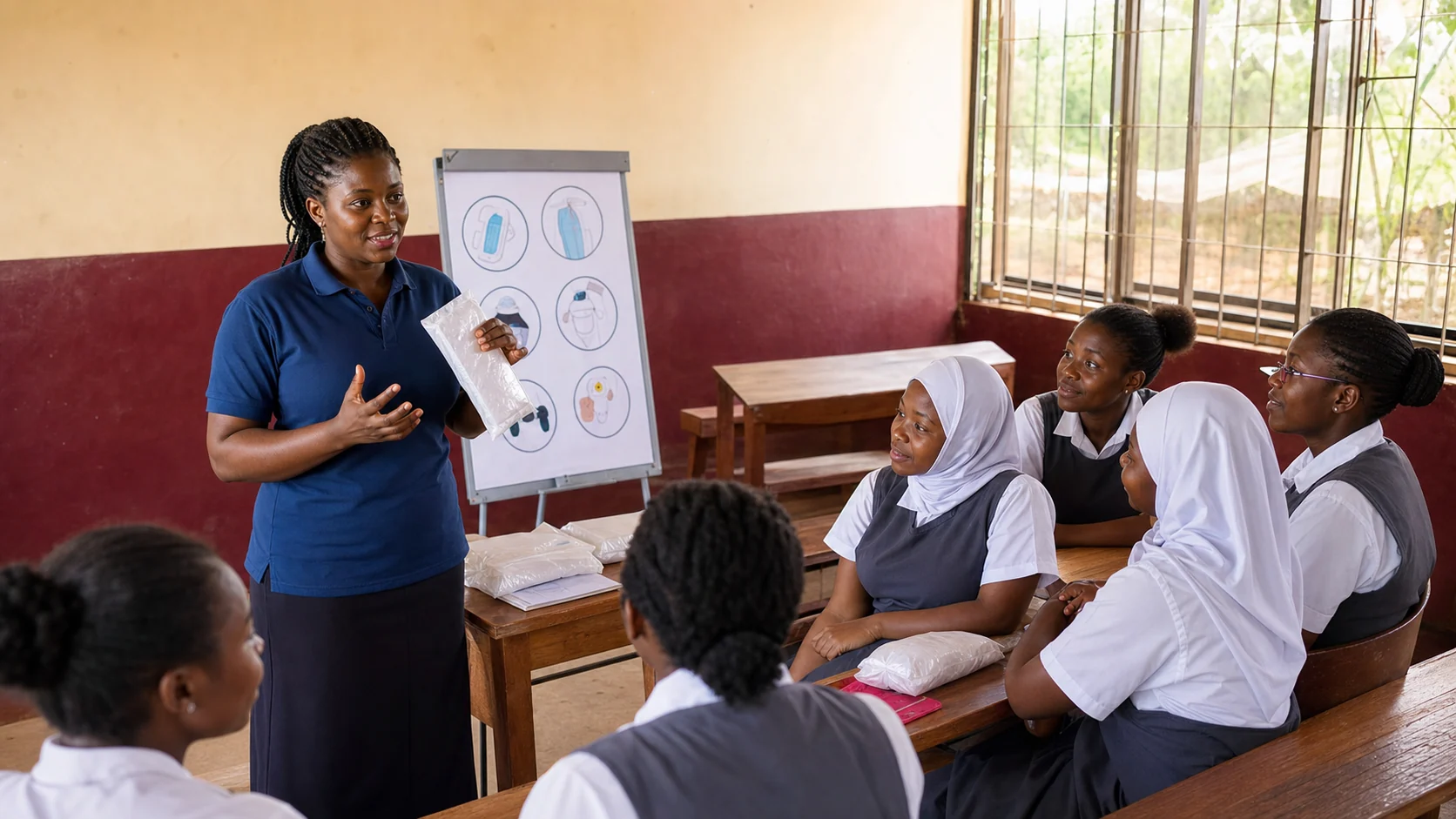 Ugandan health educator leading a menstrual health lesson for schoolgirls